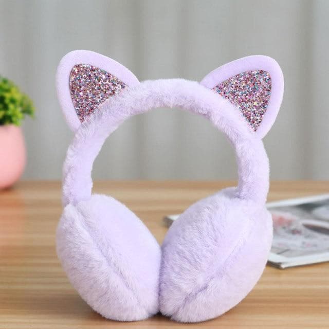 Lovely Women Girl Fur Winter Ear Warmer Earmuffs Cat Ear Muffs Glitter Sequin Headband Soft Fluffy Earcap purple