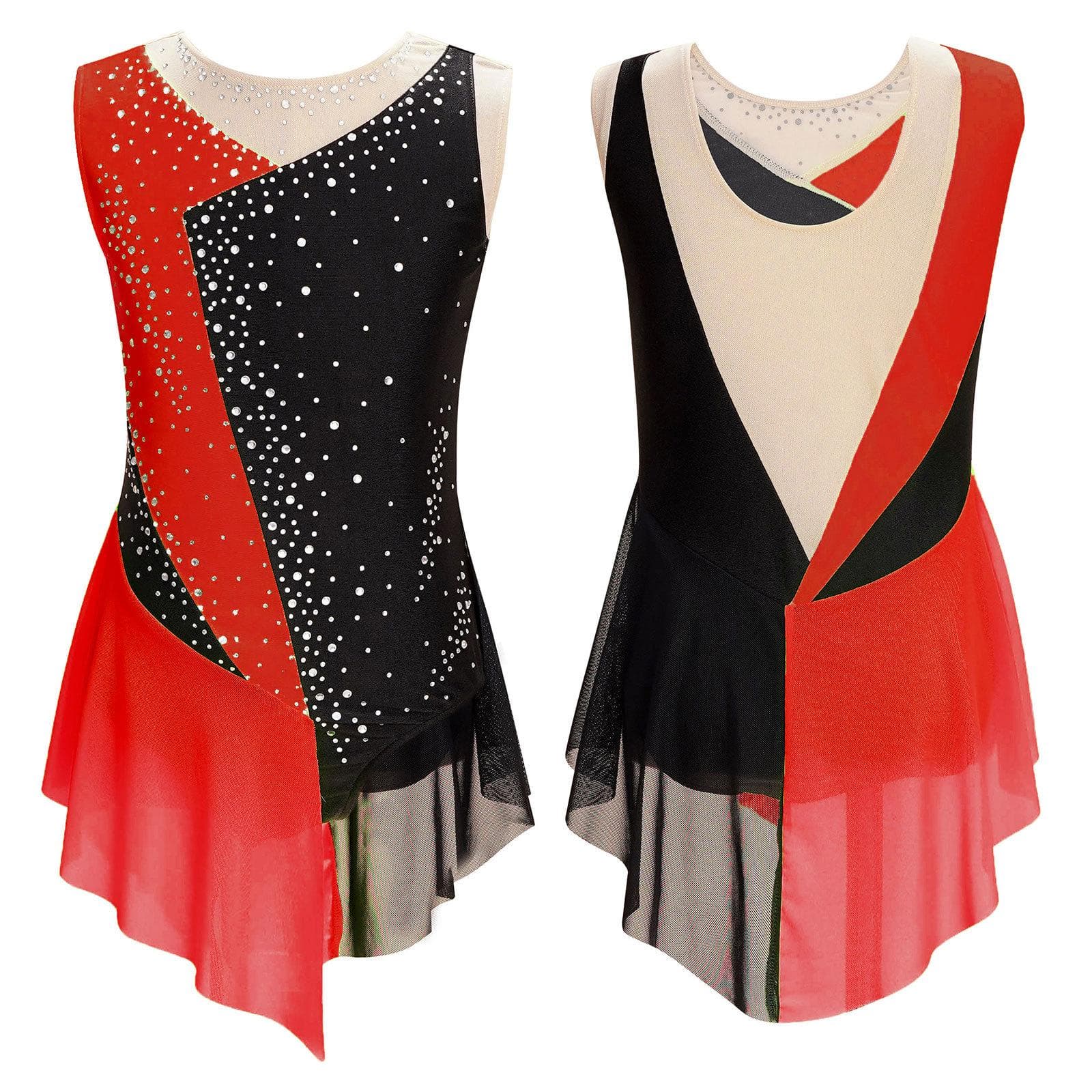 Kids Girls Shiny Rhinestone Sheer Mesh Sleeveless Bodysuit Ballet Figure Skating Gymnastics Leotard Dress 5-6 Years red