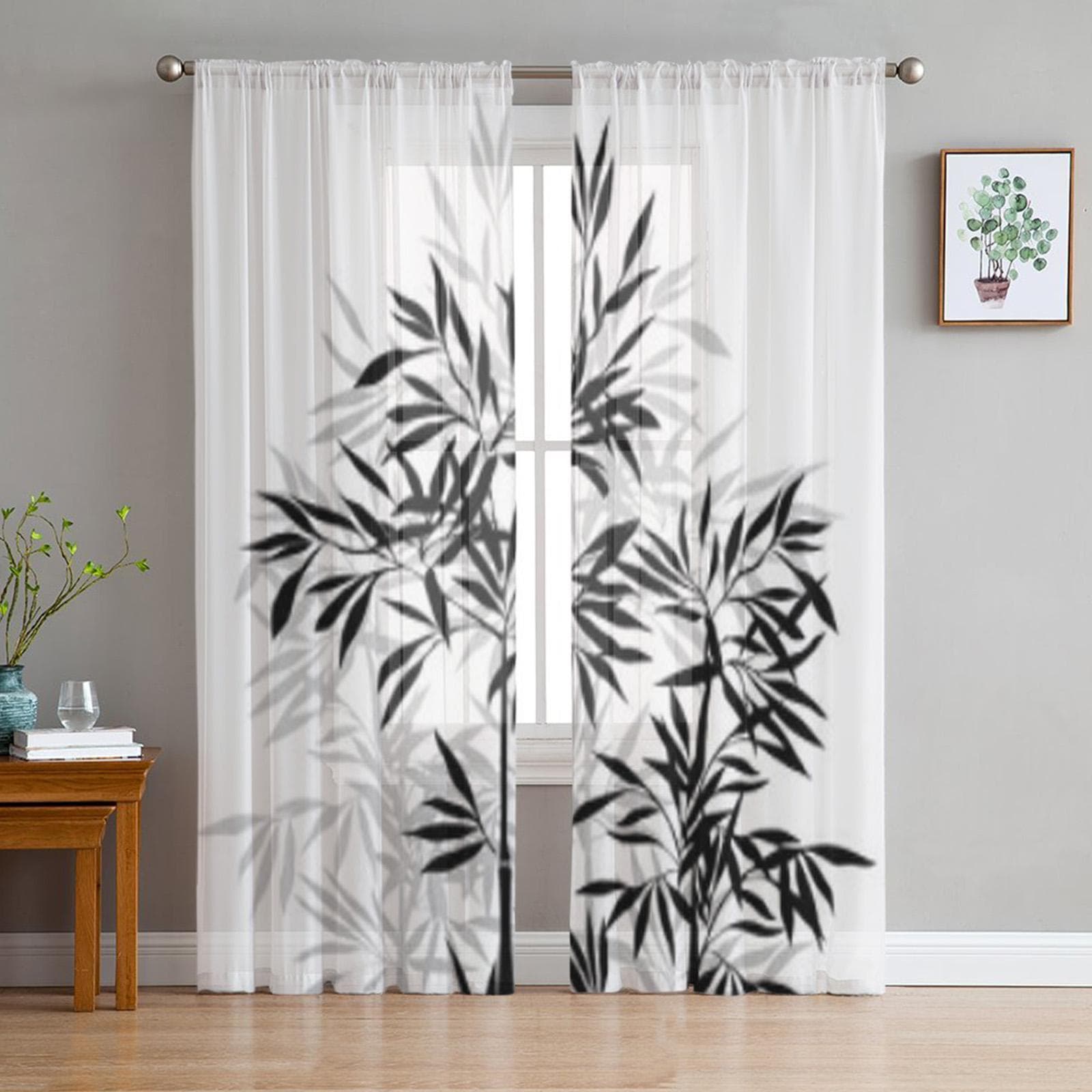 Bamboo Black white Luxurious Chiffon Sheer Curtains for Living Room Bedroom Decoration Window Voiles Tulle Curtain 135W x 114H(cm)