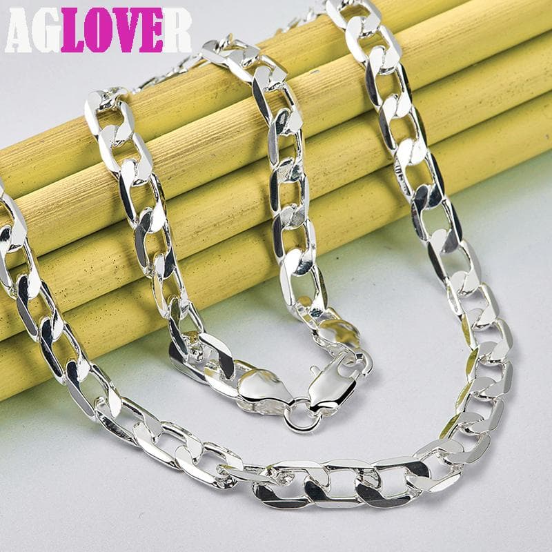 925 Sterling Silver 8mm Flat Side Chain 16/18/20/22/24 Inch Necklace Jewelry 50cm