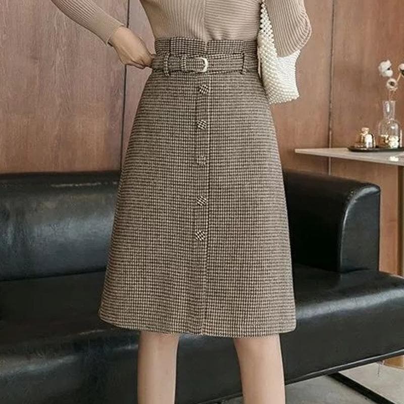 Women Plaid Wool Blend Midi Belted Skirts High Waist Slim Houndstooth A-Line Knee Length Skirt Female Faldas L khaki