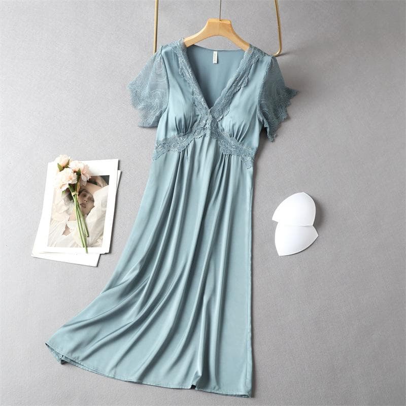 Sexy Nightdress for Women Summer Spring Home Dress V-Neck Nightgown Lace Sleeve Sleepwear Long Intimate Lingerie Nightwear L