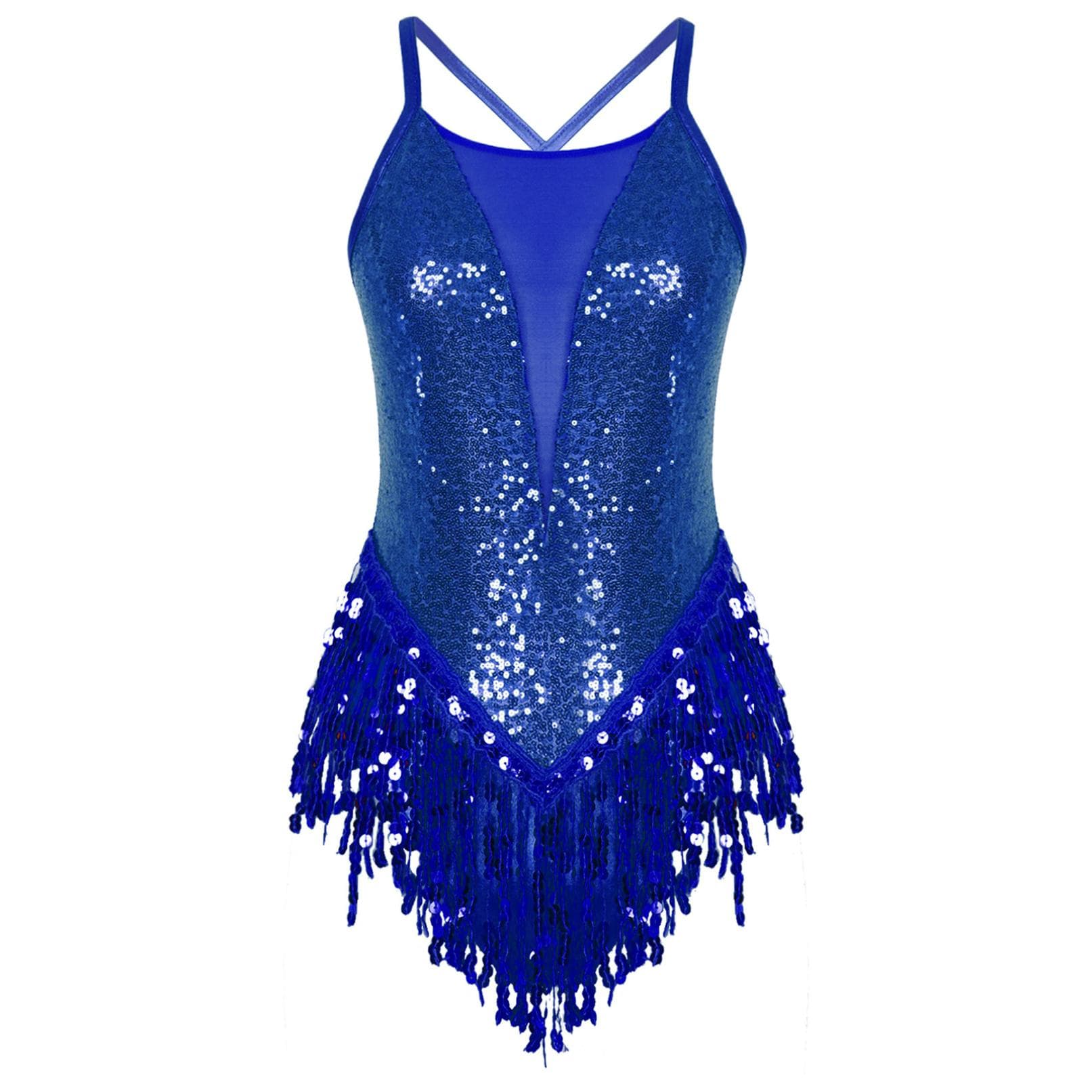Women Dance Dress Sparkling Sequins Fringed Leotard Latin Salsa Ballroom Dancing Bodysuit XXL royal blue