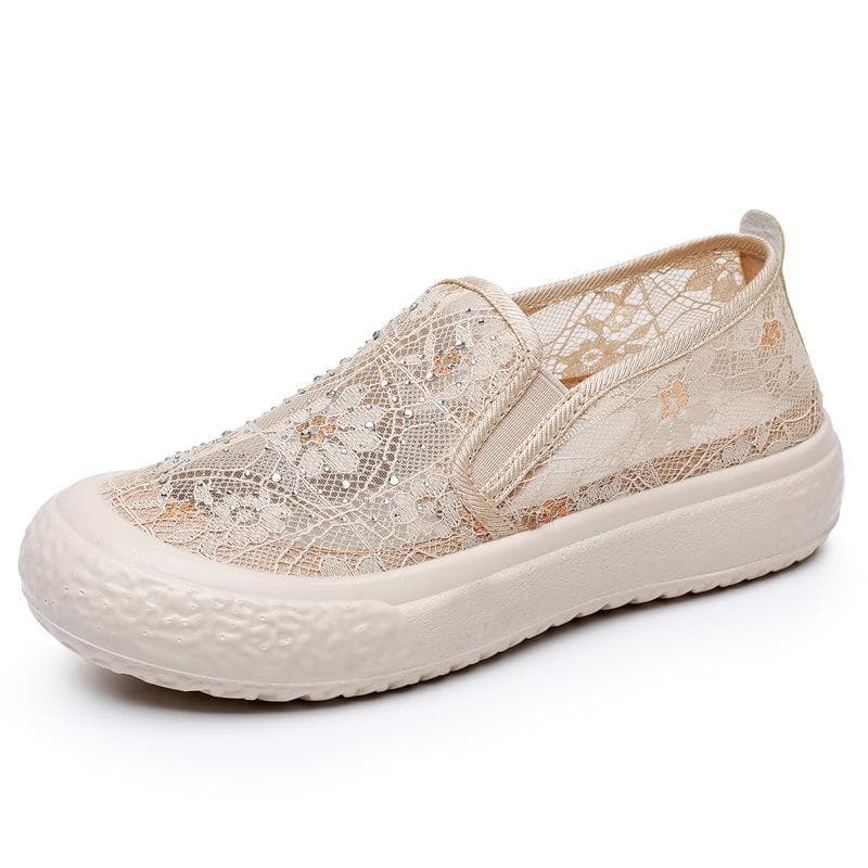 Lace Flats Women Shoes Mesh Breathable Loafers Espadrilles Summer Sandals Slip on Creepers Flats 38 beige