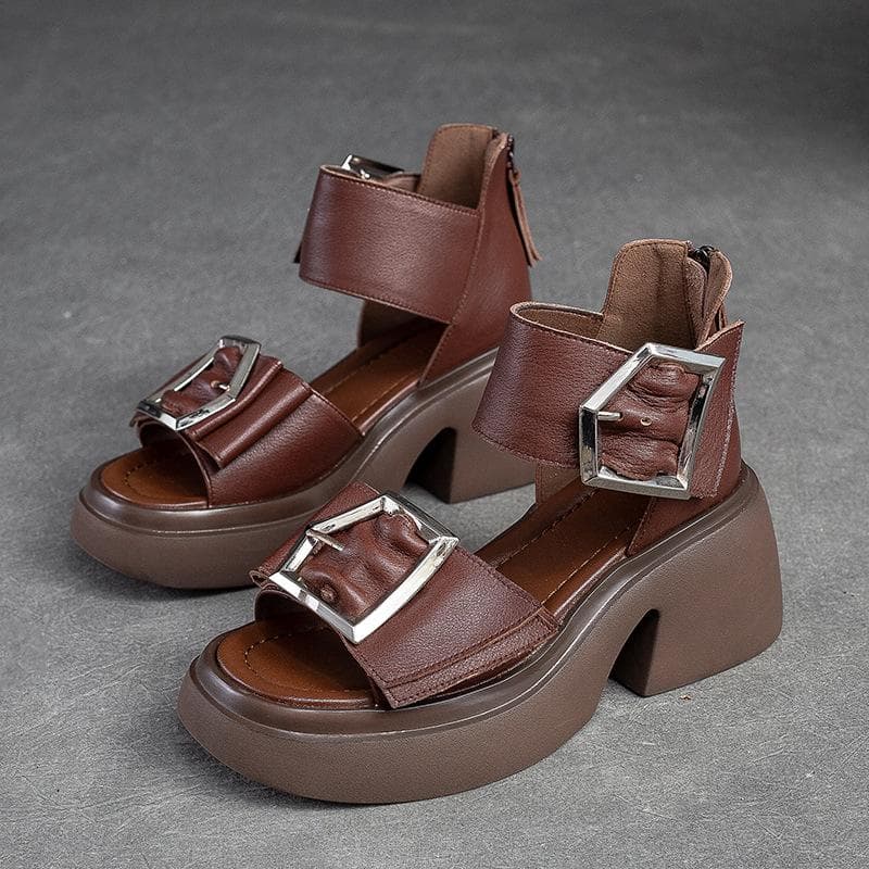 Johnature Genuine Leather Peep Toe High Heel Sandals Women Retro Comfortable Breathable Thick Sole Shoes 40 auburn