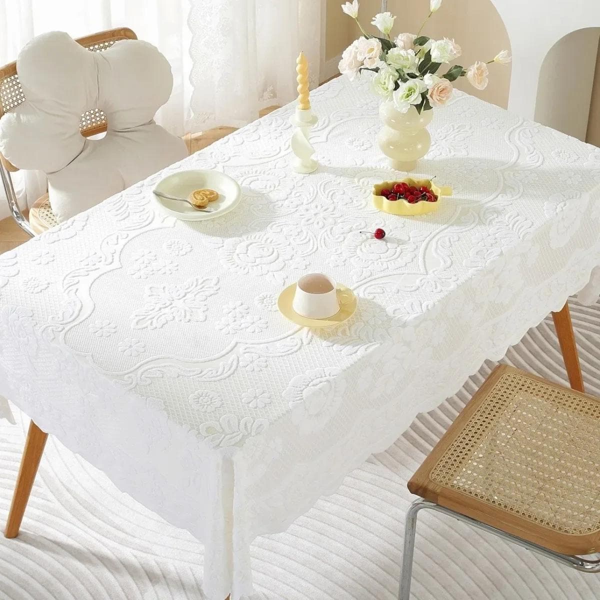 Lace Cotton Dining Square Tablecloth White Printed Tea Table Cloth with Wavy Edges European Rectangular Knit Background Fabric 60x60cm