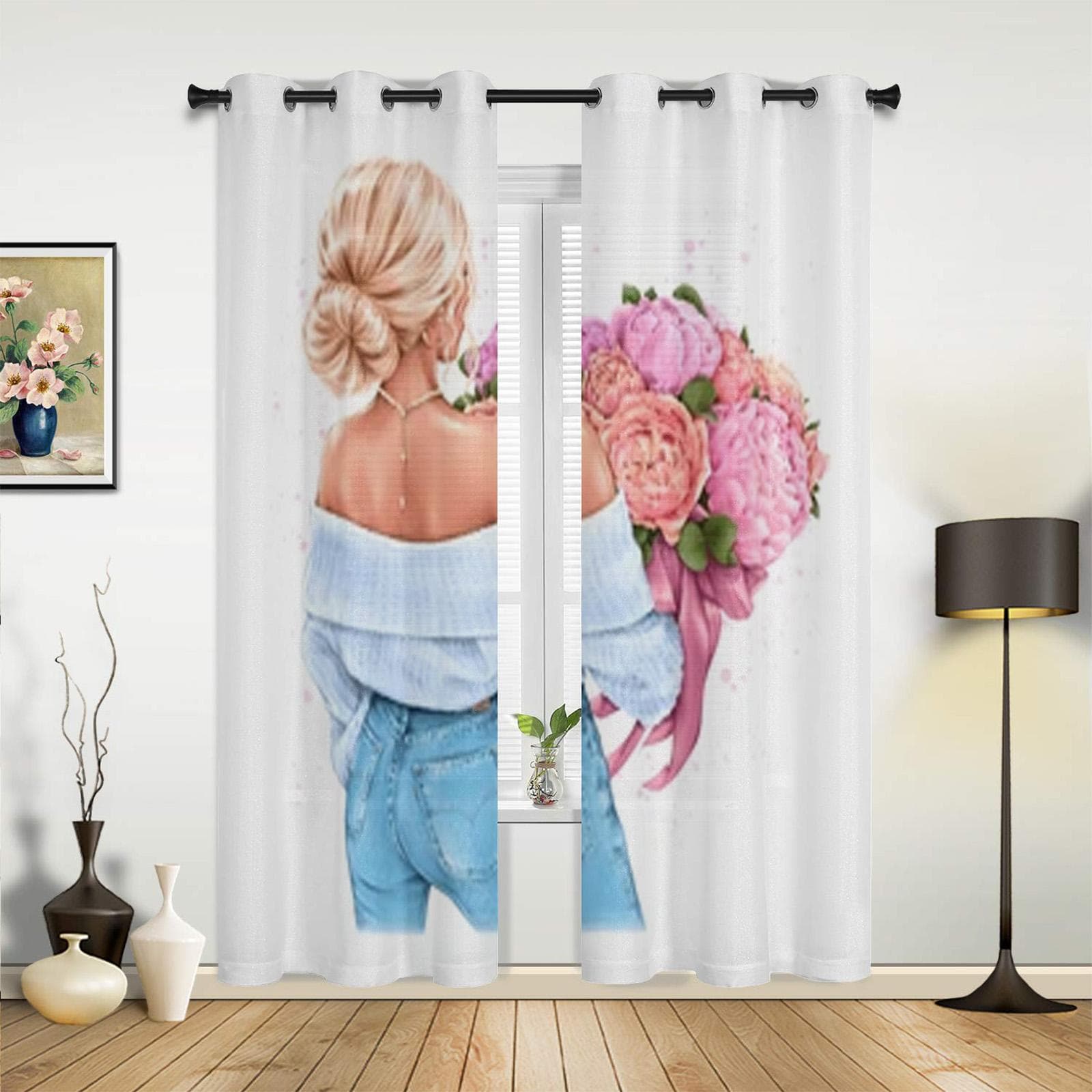 Beautiful Woman With Flowers Window Curtains For Living Room Bedroom Luxury Modern Kitchen Curtains Fabric Drapes 135W x 60H(cm) x1