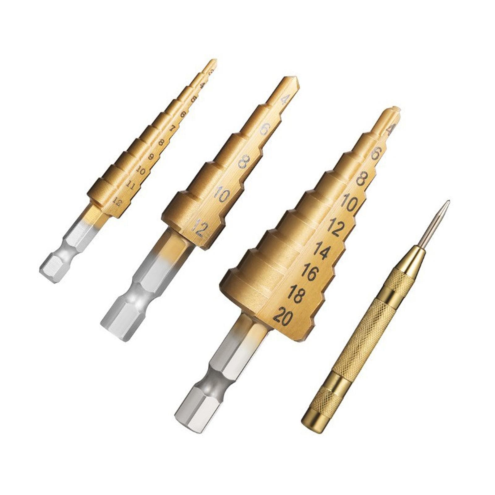 HSS 4PCS Titanium Step Drill Bit Set High Speed Steel Drill Bits Set with Automatic Center Punch gold