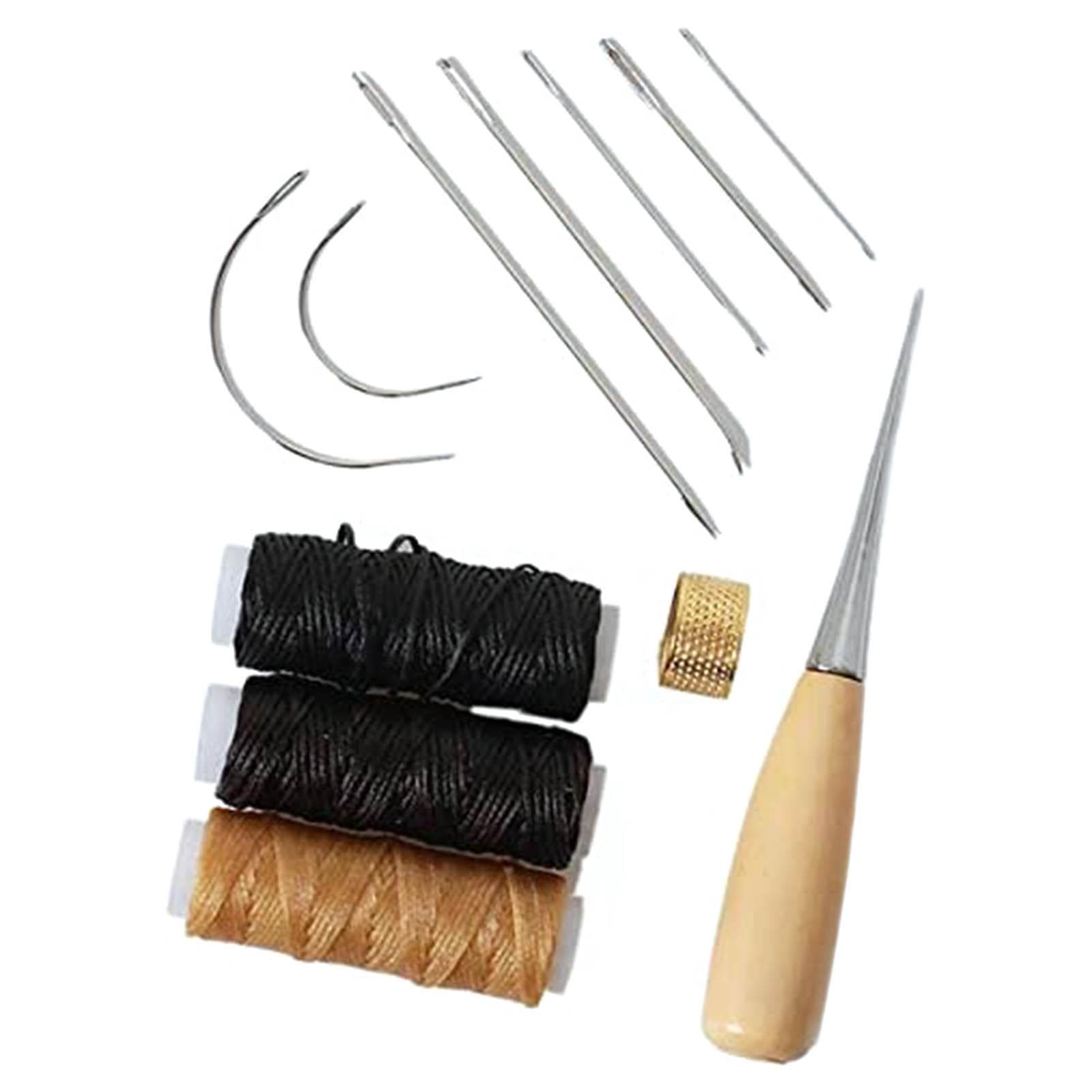 12Pcs Leather Craft Tools Kit Sewing Needles Waxed Thread Cord Stitching Awl Sewing Thimble DIY 12Pcs