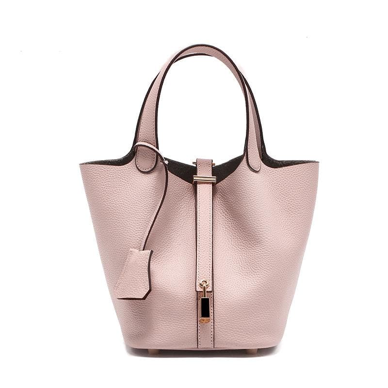 Top-grain Leather Bag Genuine Leather Women's Bag Bucket Bag Retro Versatile and Fashionable Handbag pink