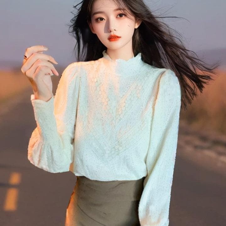 Half Turtleneck Lace Base Shirt for Women In Autumn and Winter New Style with Velvet Top Beautiful and Fashionable Shirt 2XL