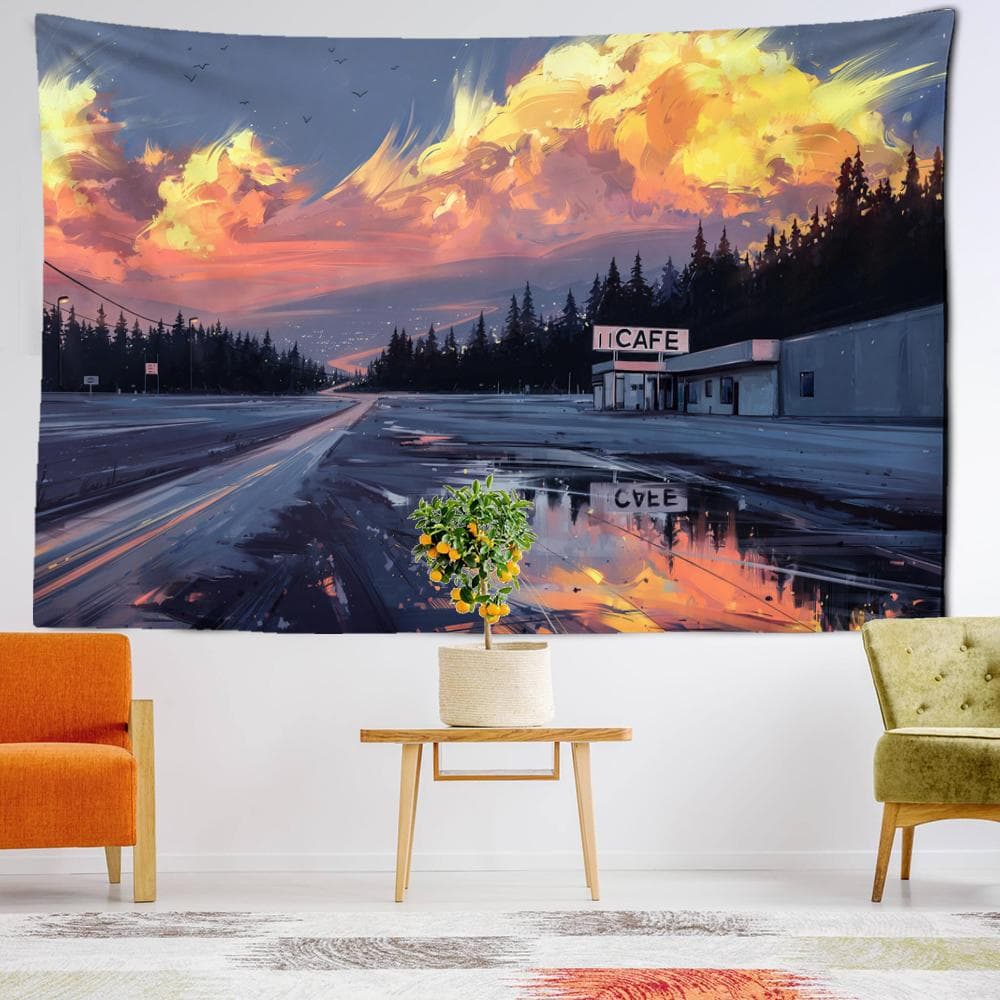 Cartoon Sunset Oil Painting Tapestry Wall Hanging Modern Minimalist Bohemian Style Art Bedroom Decor Background 95x70CM