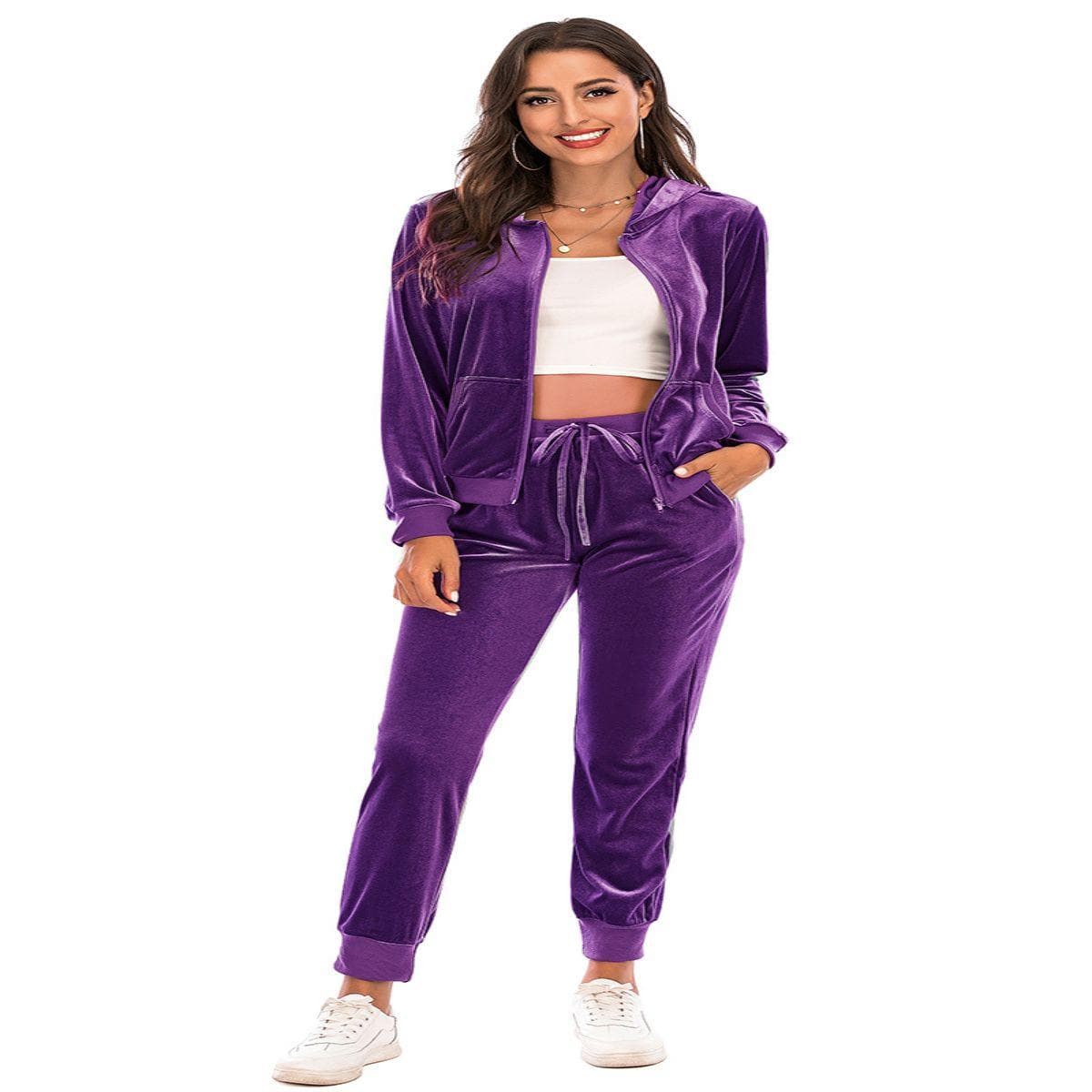 Women's Velvet Velour Super Soft Stretch Lounge Jacket Top and Bottom Set with Relaxed Zip Up Hoody and Jogger Sports Tracksuit XL purple