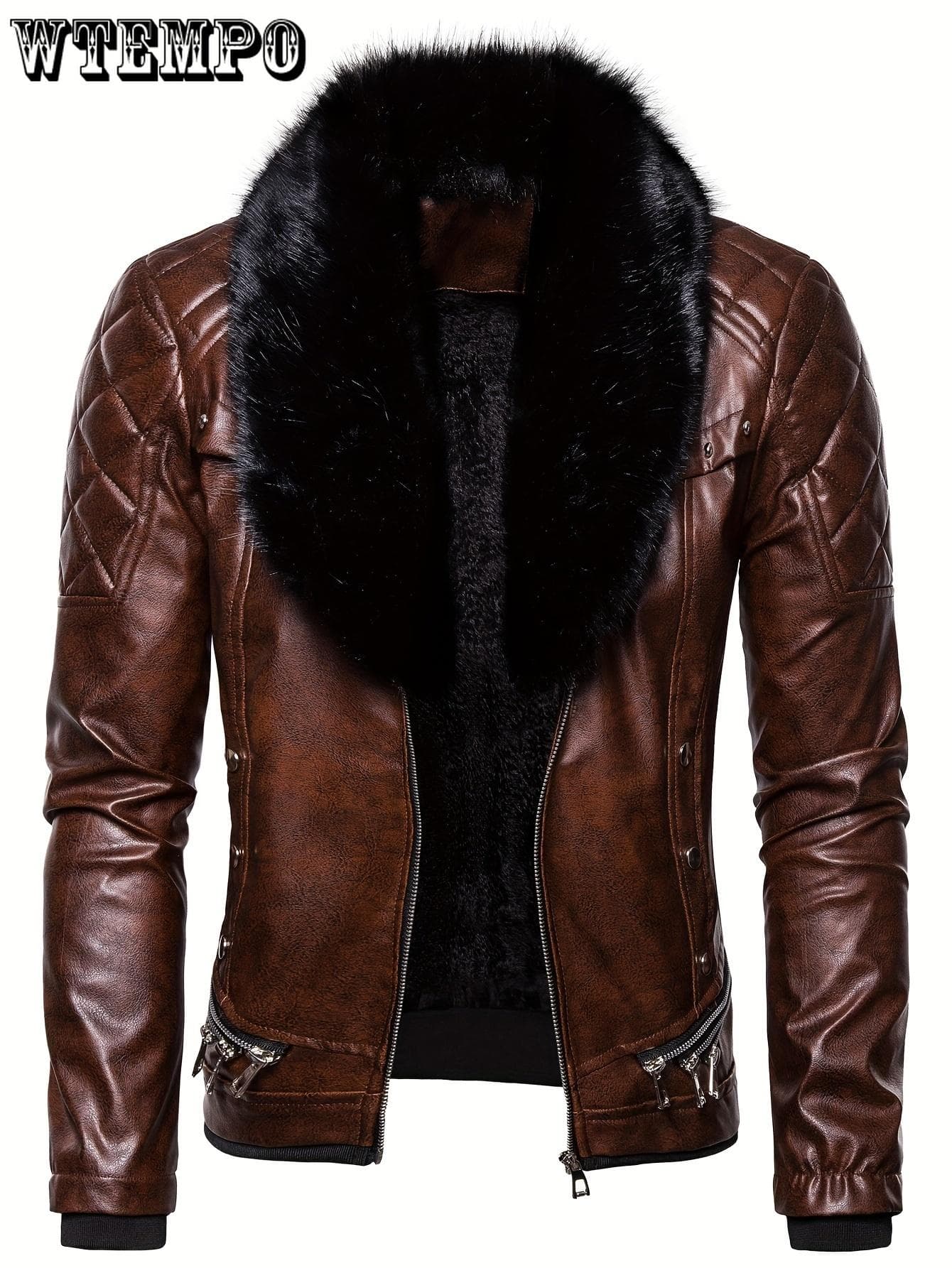 Men's Sleek Faux Leather Biker Jacket with Detachable Fur Collar - Warm Fleece-Lined, Zip-Up Streetwear - Faux Leather & Fleece - for Men XXL coffee