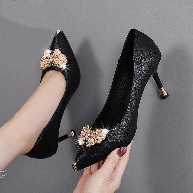 Microfiber Leather High Heels Women's Thin Round Heels Anti-kick Butterfly Women's Single Shoes Fairy High Heels Shoes 41 black