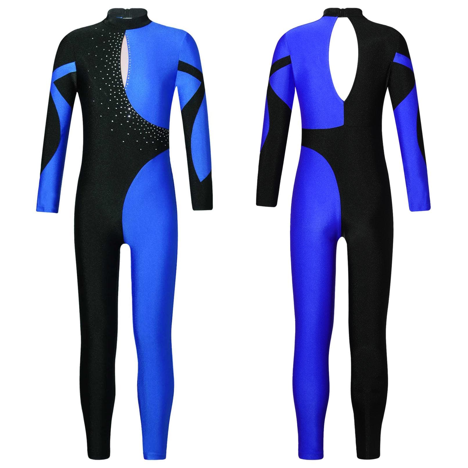 Gymnastics Jumpsuits Kids Shiny Rhinestone Ice Skating Bodysuit Girls Long Sleeve Ballet Dance Full Body Leotards Unitards 15-16 Years navy blue