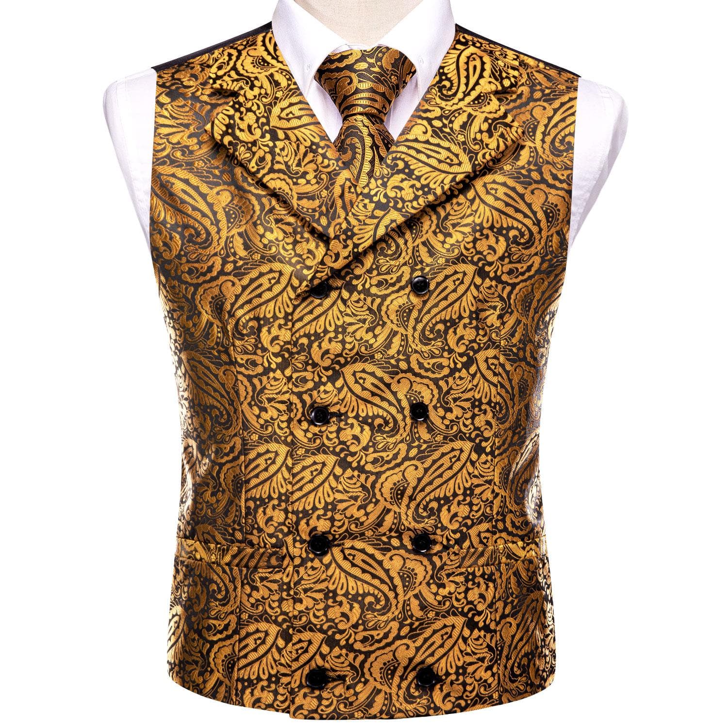 Mens Silk Victorian Vest Paisley Waistcoat Tie Hanky Cufflinks Set For Wedding S