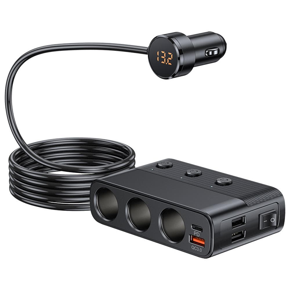 Car Chargers 128W PD+QC3.0 Quick Charging Adapter 3-Socket Power Splitter 12-24V with 4 USB Ports black