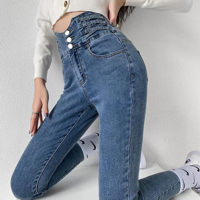 Skinny Pencil Jeans Four Buttons Vintage High Waist Women Slim Stretch Denim Pants Tight Trousers Women's Pants L