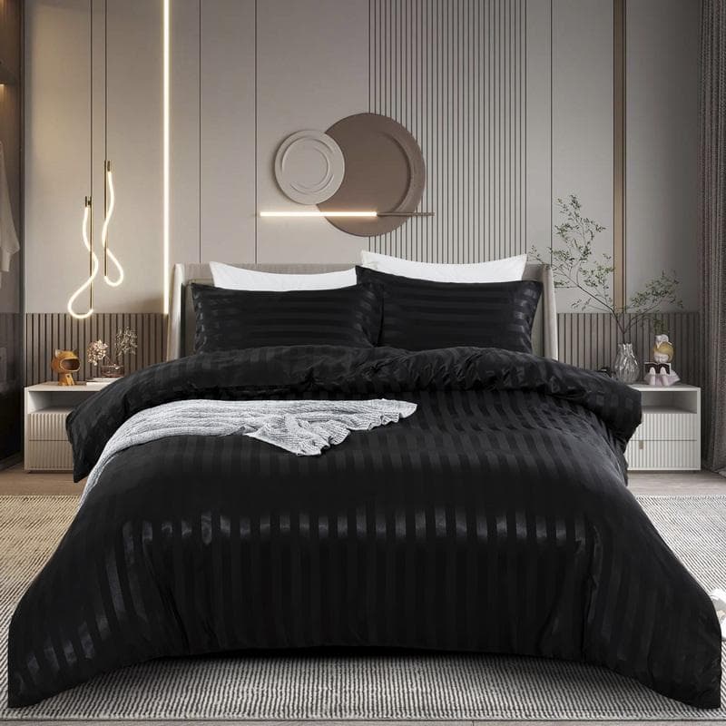 3 Pieces Satin Striped Duvet Cover Set, Luxury Silky Like Black Stripe Duvet Cover Bedding Set with Zipper Closure,Pillow Cases EU Single-135x200