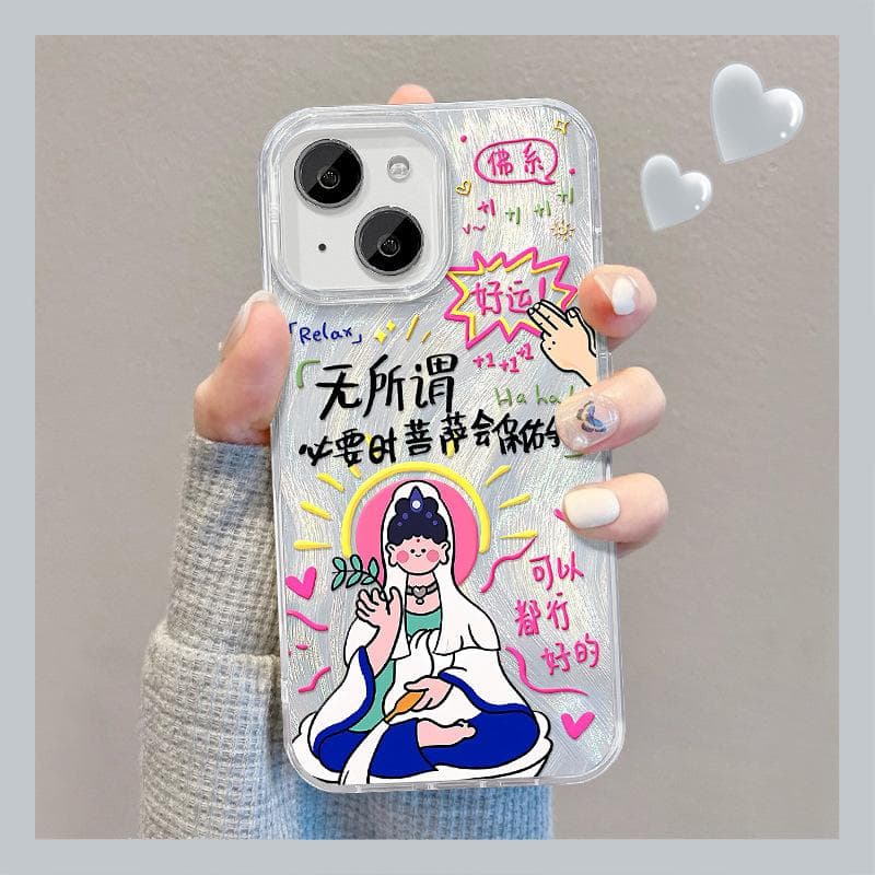 Applicable To Apple 15 Mobile Phone Case IPhone 14 Guanyin Good Luck Bracket 13pm Feather Yarn Laser 12 Niche Soft Edge iPhone SE (2nd Generation)
