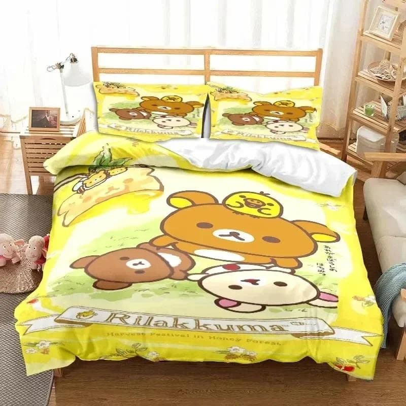 3dCartoon Rilakkuma Bear Bedding Set Duvet Cover Bed Set Quilt Cover Pillowcase Comforter king Queen Size Boys Adult Bedding Set 70x133cm 2pcs