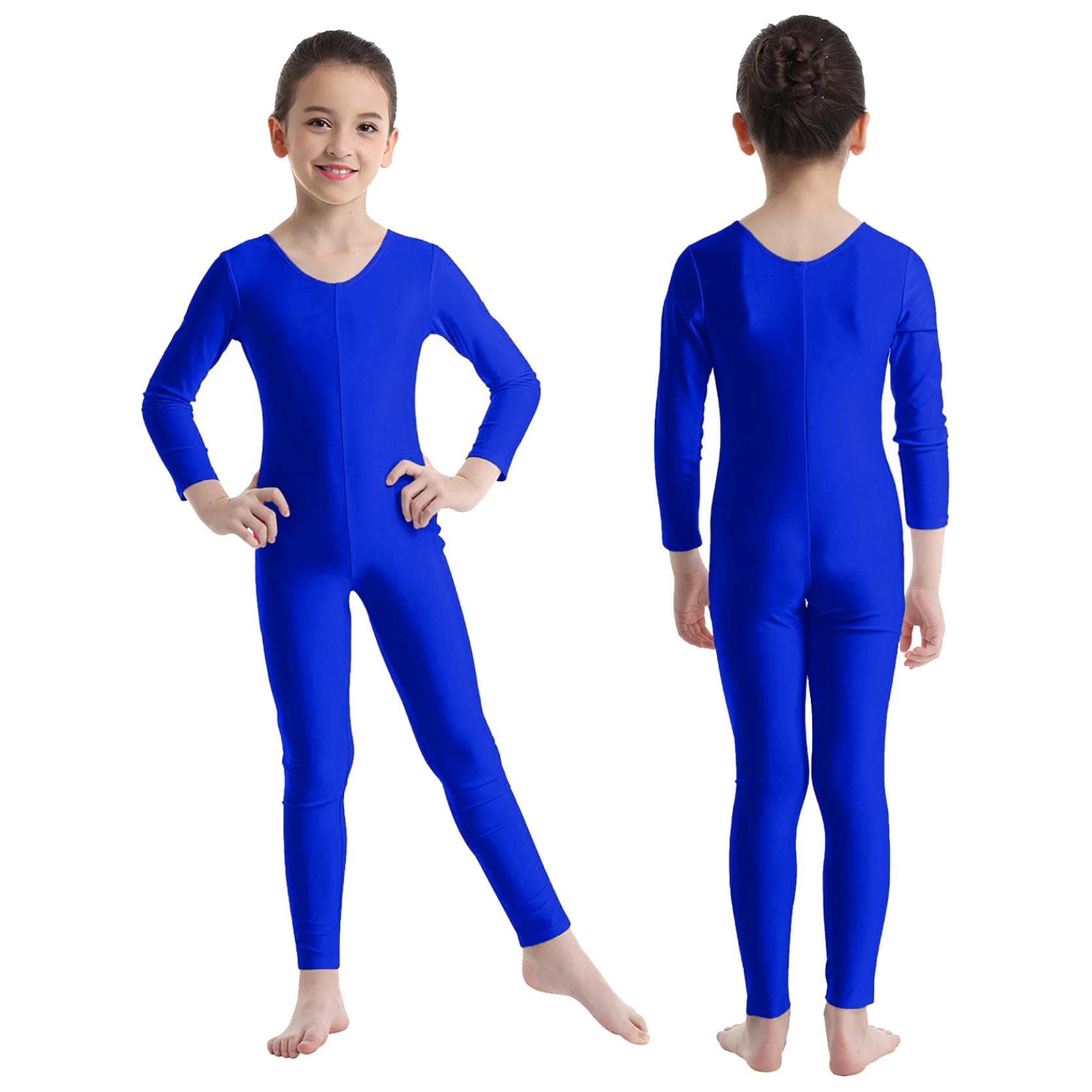 Kids Girls Long Sleeve Ballet Dance Gymnastics Leotard Jumpsuit Unitard Solid Color Zipper Stretchy Bodysuit 5-6 Years royal blue