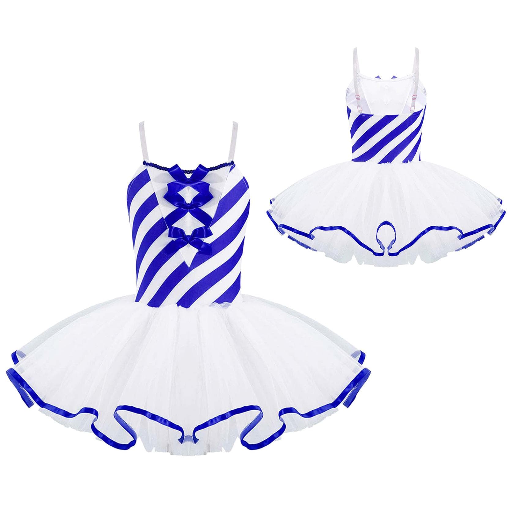 Children Striped Printed Dance Dress Girls Mesh Tutu Skating Dress Performance Dancing Costume 5-6 Years blue