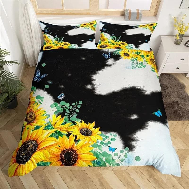 Sunflower Highland Cow Duvet Cover Western Farm Animal Bedding Set Cowhide Comforter Cover Microfiber Twin King Queen Bedclothes 70x133cm 2pcs