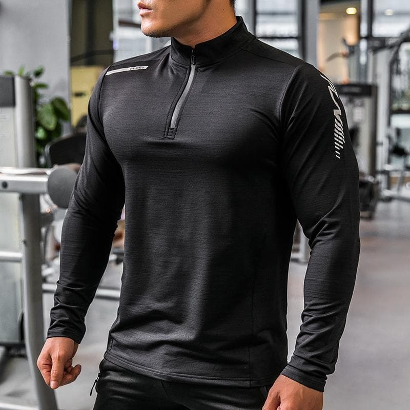 Men Half Zipper High Neck Sport Long Sleeve Compression Quick Dry T Shirt Fitness Running Shirts Workout Tops XXL black