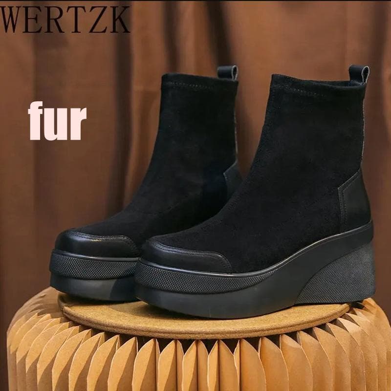 High Heels Boots Round Toe Women Ankle Boots Platform Wedges Women Knee High Boots Classic Elastic Boots 38 warm black