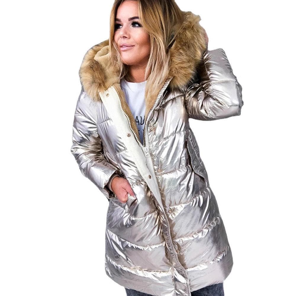 Winter Casual Fashion Warm Women's Clothing Solid Color Glossy Zipper Sweater Collar Cotton-padded Coat XXL
