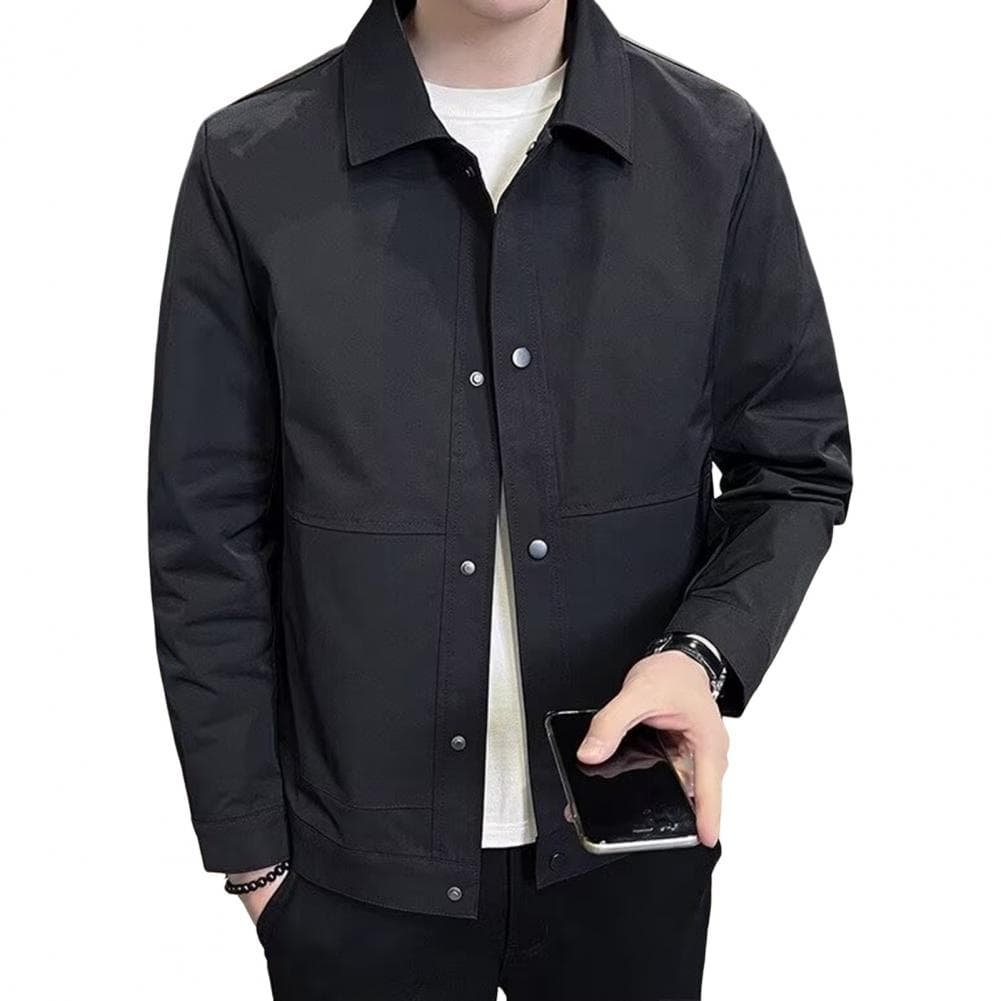 Men Jacket Lapel Long Sleeve Button Closure Jacket Coat with Side Pockets Spring Autumn Solid Color Casual Outwear PP black