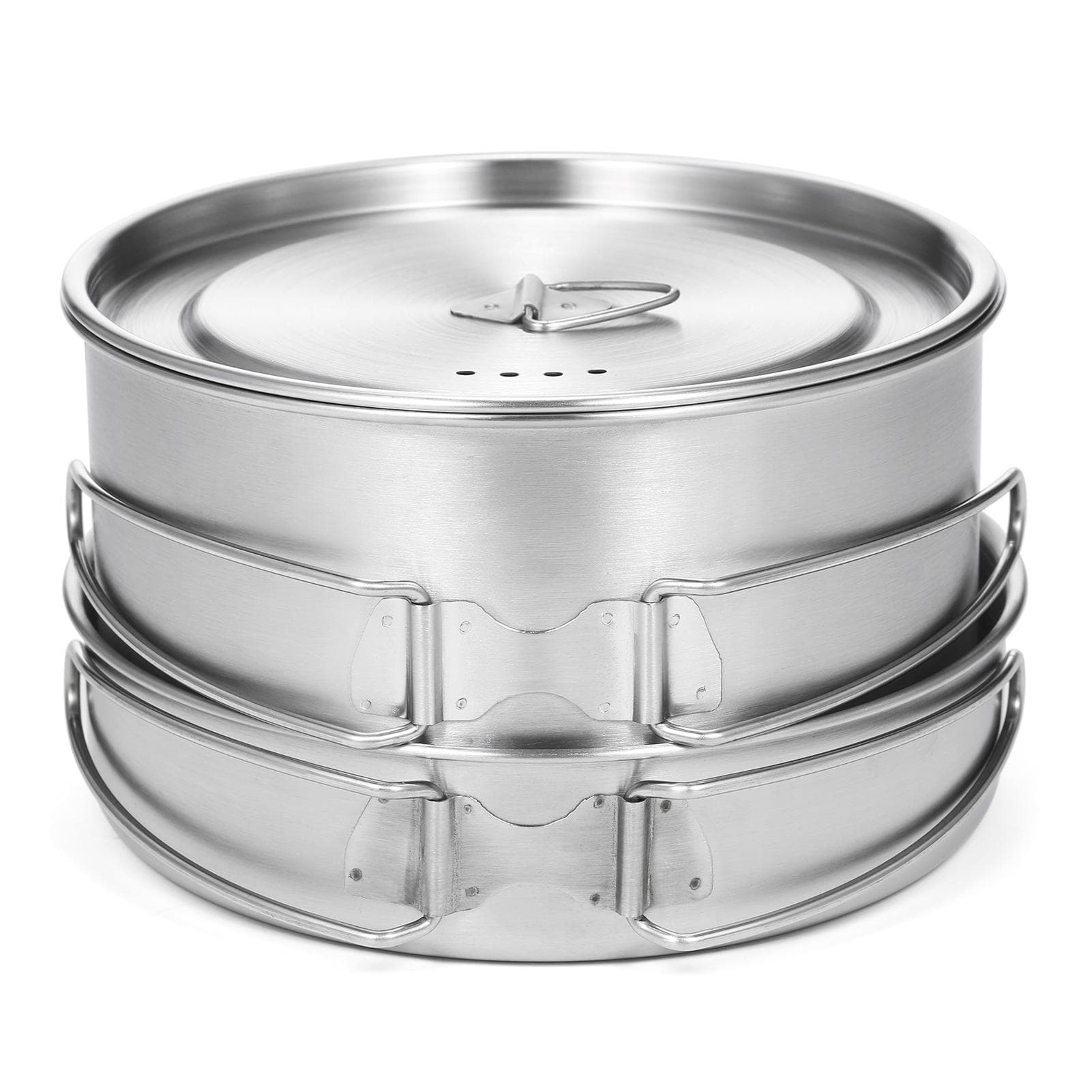 TOMSHOO 2pcs Camping Cookware Set Stainless Steel Pot Pan Cooking Set with Foldable Handles Mesh silver