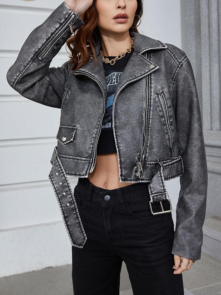 Spring Autumn Women Vintage Loose Pu Faux Leather Short Jacket Streetwear Female Zipper Lapel Belt Coat Outwear Tops M grey