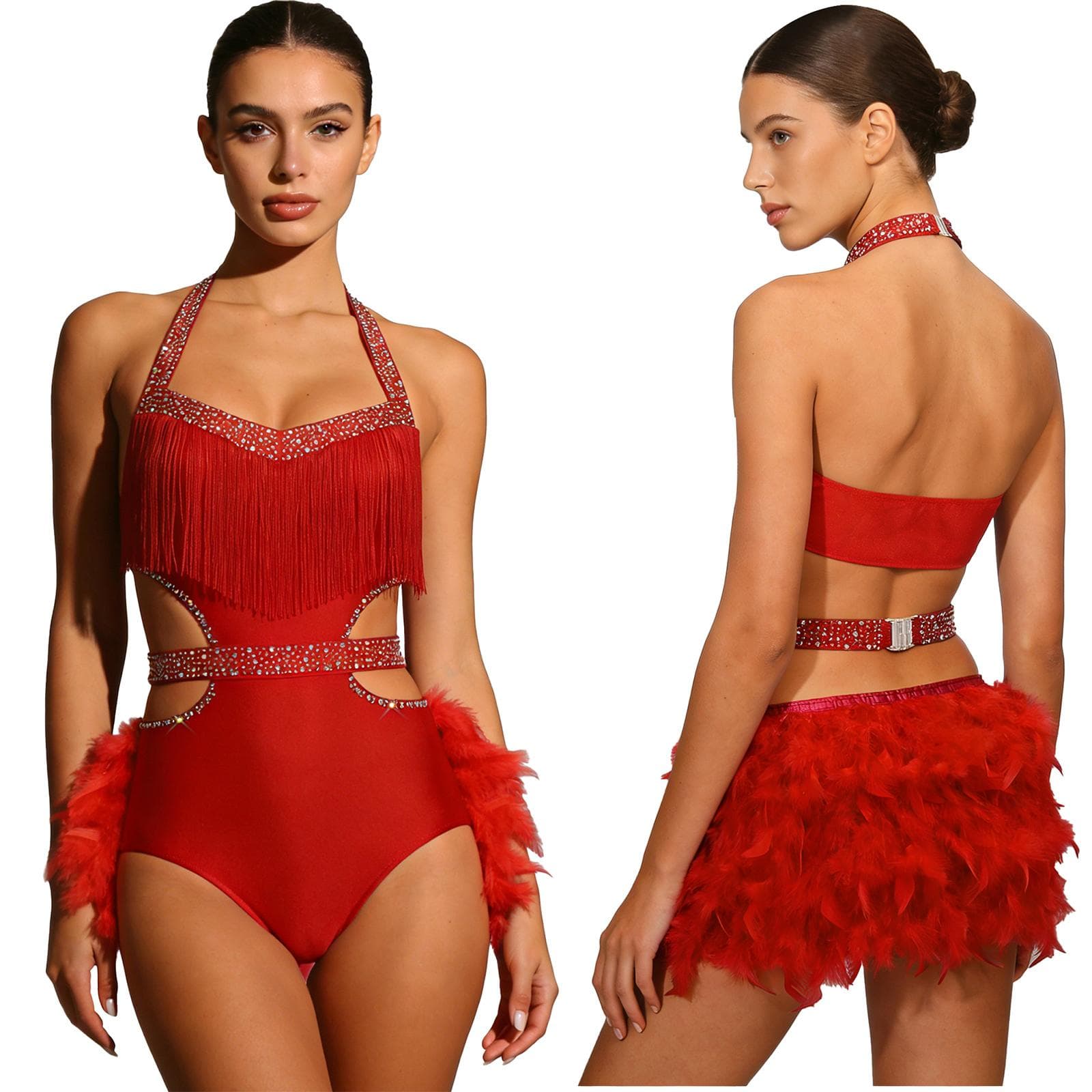 S-XXL Women's Latin Dance Competition Bodysuit: Glittery Rhinestone & Faux Feather Leotard, Halter Backless for Stage M