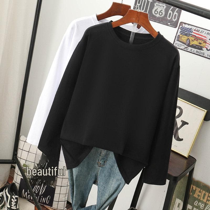 Women's 2024 Loose-Fit Long-Sleeve White Cotton T-Shirt - Versatile Spring/Autumn Fashion Medium