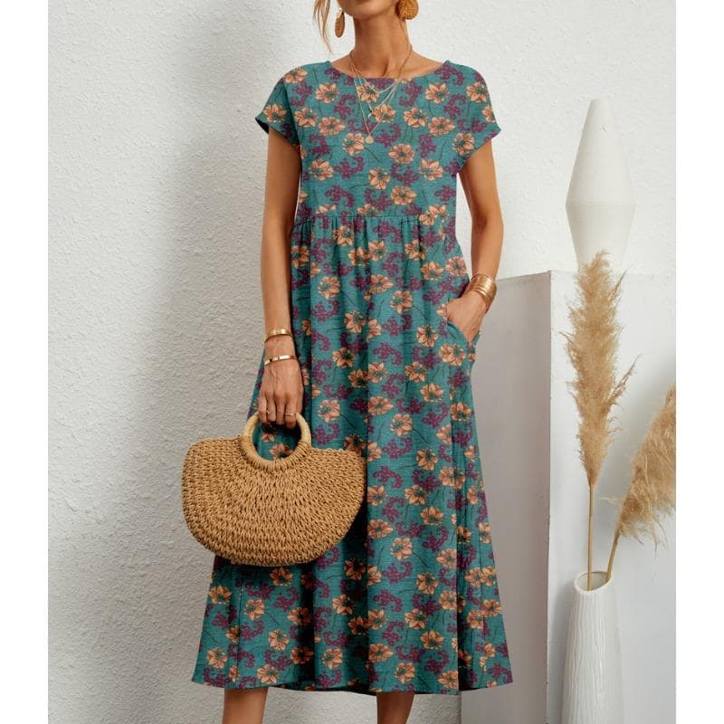 QICED Fashion Ladies Loose Cotton Linen Sleeveless Crew Neck Print Summer Dress S
