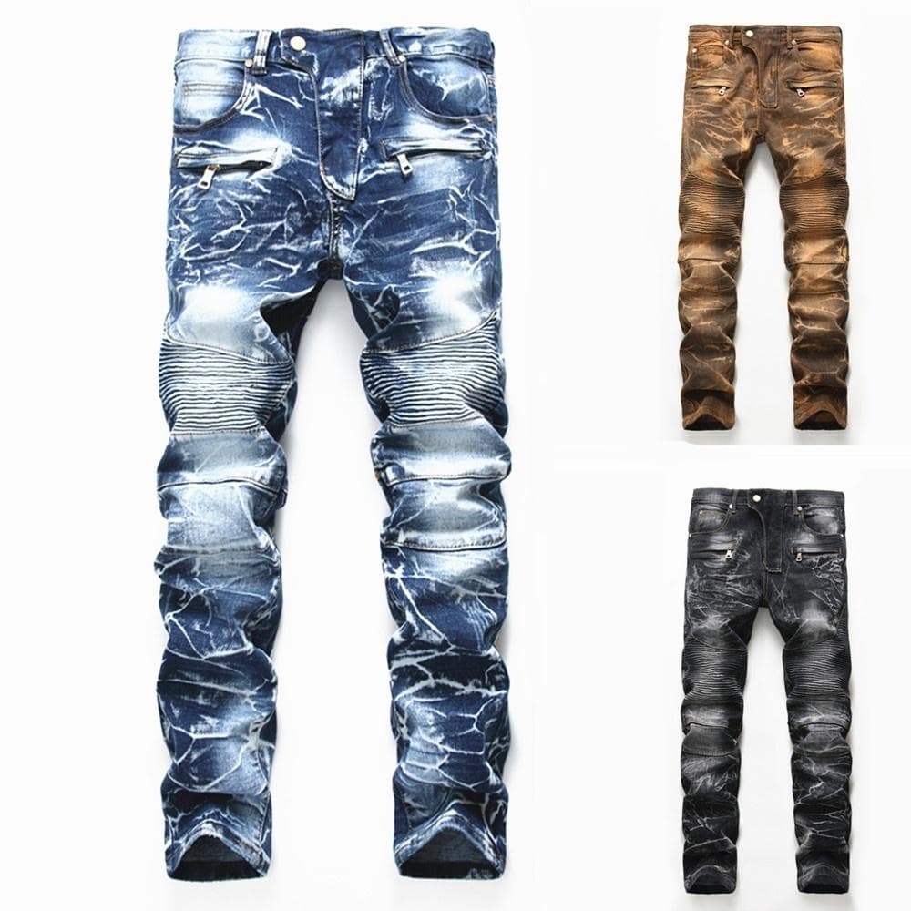 Men Trousers Plus Size Pleated Multi-pocket Motorcycle Patchwork Jean Casual Men Elastic Denim Pants 38 blue