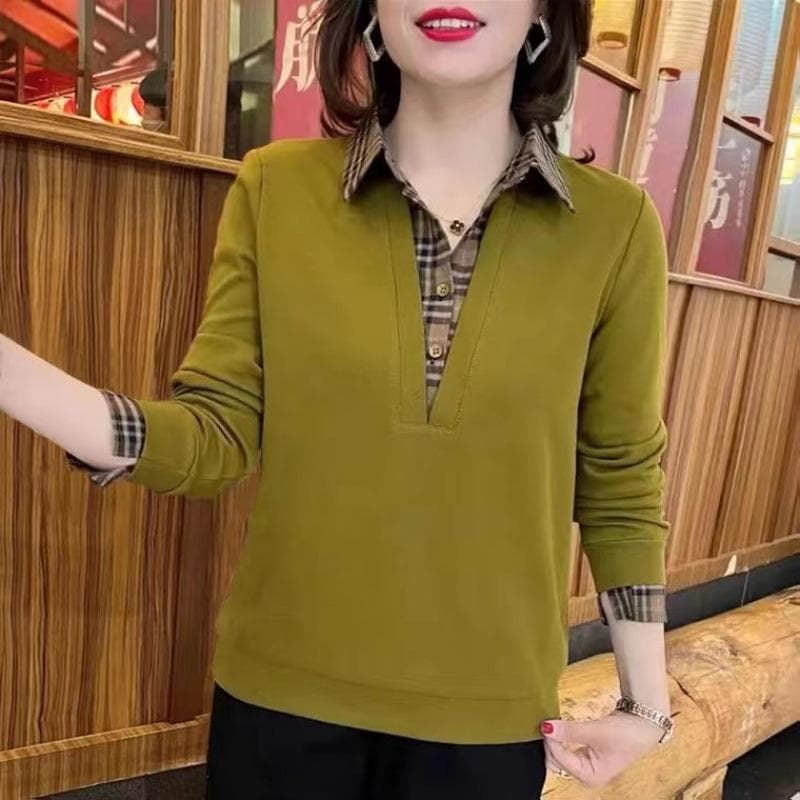 YYFS Women's Fashion Casual Spring Fall Plaid Print Long Sleeve POLO Neck Blouses & Shirts M