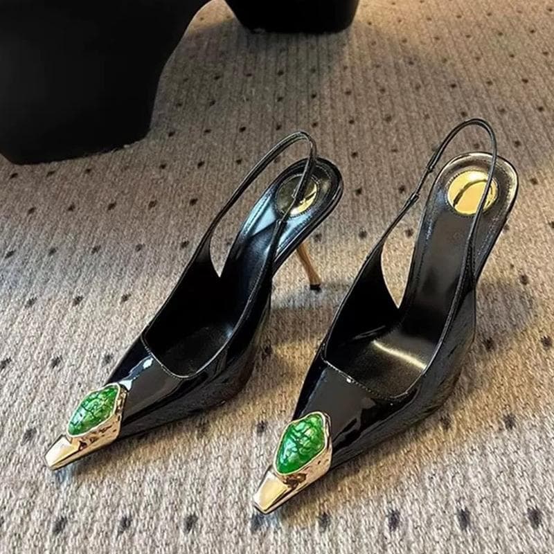 Liyke Runway Fashion Gem Metal Pointed Toe Patent Leather Women Pumps Red High Heels Wedding Party Shoe Slingback Sandal Size 42 34 black