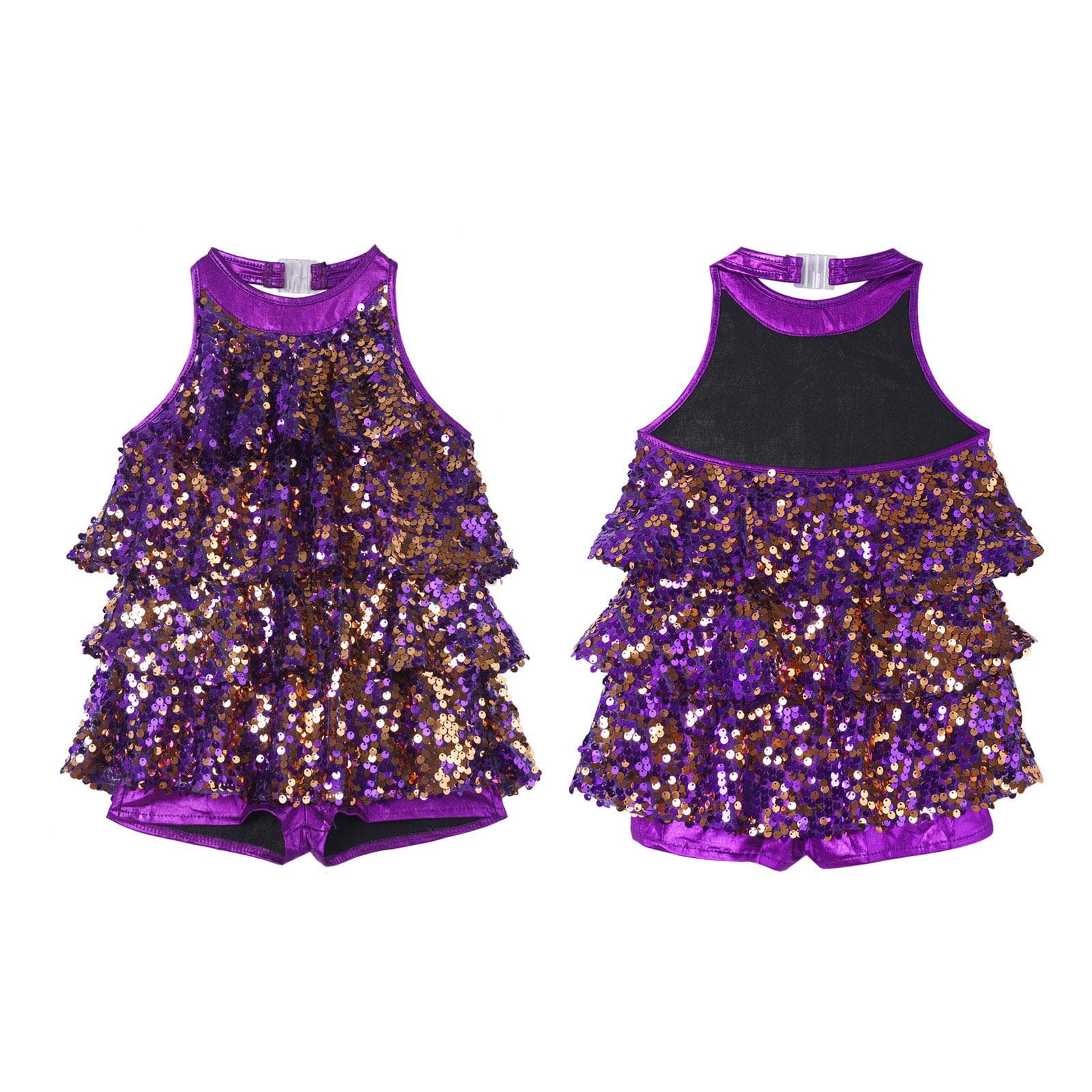 Dancewear for Kids Girls Halter Neck Sequins Jazz Dance Costume Shorty Unitard Dress 7-8 Years purple