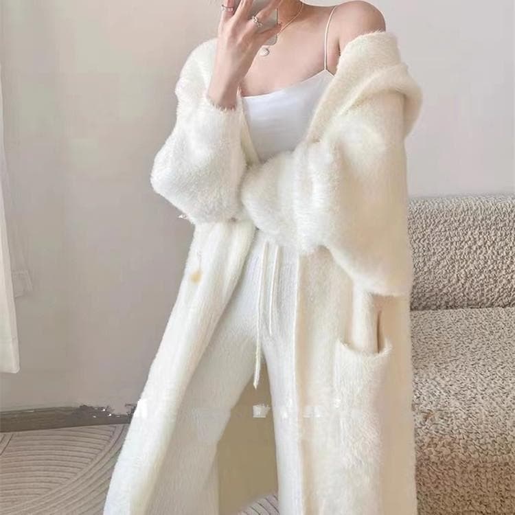 New Long Imitation Mink Velvet Knitted Cardigan Korean Style Lazy Style Loose Hooded Sweater Jacket for Women one size fits all white