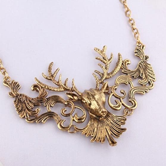 Retro European Antique Gold Color Deer Head Pendant Necklace Sweater Chain One Size