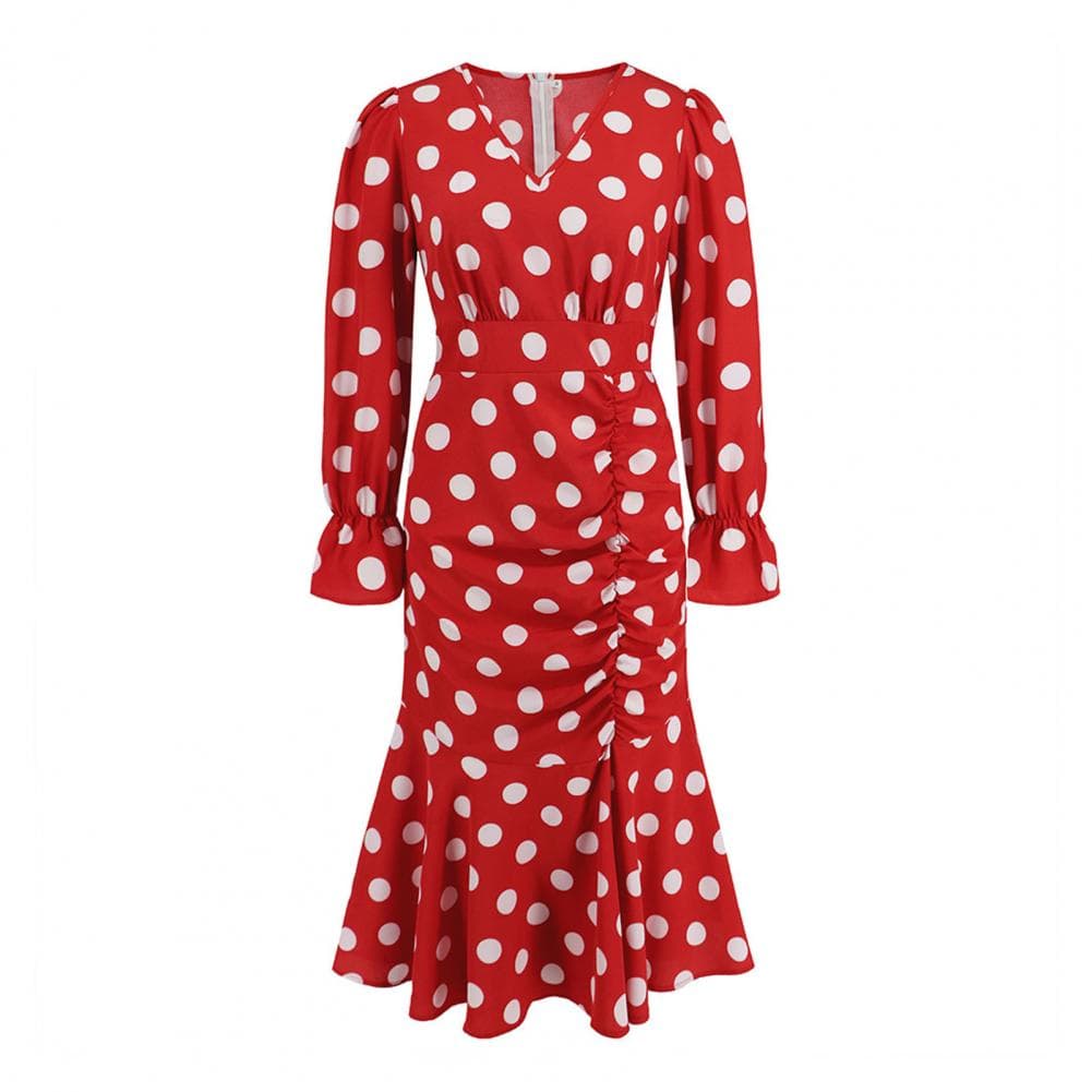 Women Dress Color Matching Dot Print V Neck Tight High Waist Long Sleeve Soft Pleated Patchwork Ruffle Slim Fit Back Zipper Mid- S red
