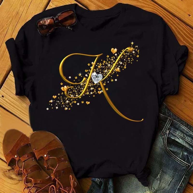 Custom Name Letter 3D Printe Women T-shirt Diamond Gold Letter Font A B C D E F G Black T-shirt 5XL