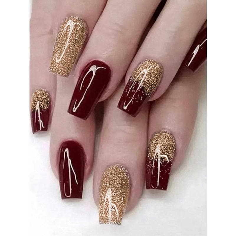Square Press on Nails Set Elegant Burgundy Glitter Fake Nails Fashion Gold Loose Powder Fake Nails Full Coverage Fake Nail Tips for Women red