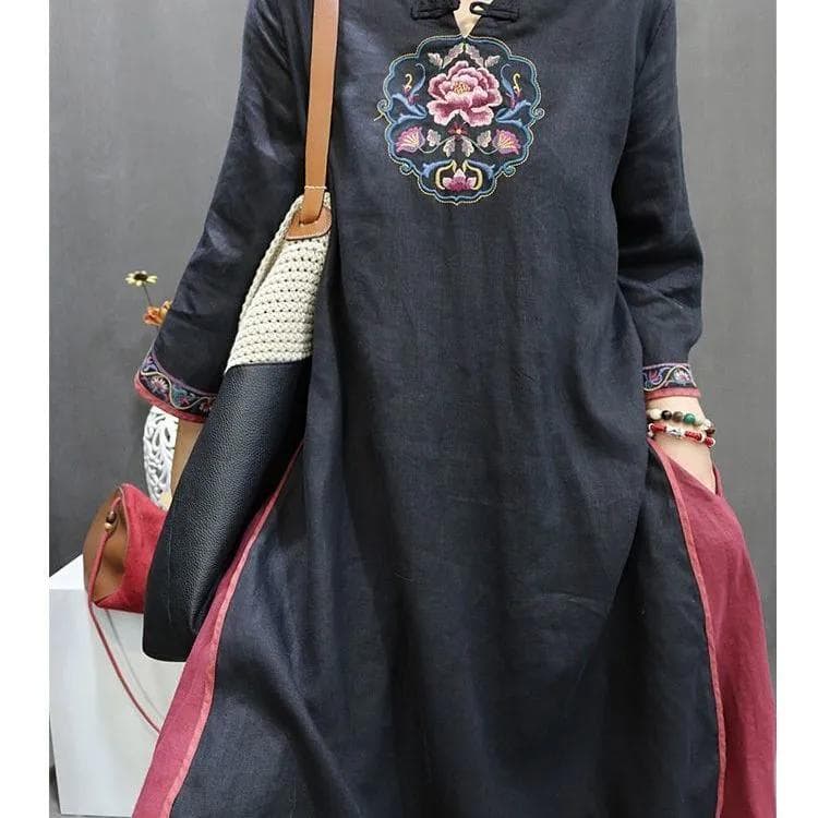 Spring and Autumn Women's Chinese Retro Embroidered Button Up Collar Shirt Skirt Dress XL black