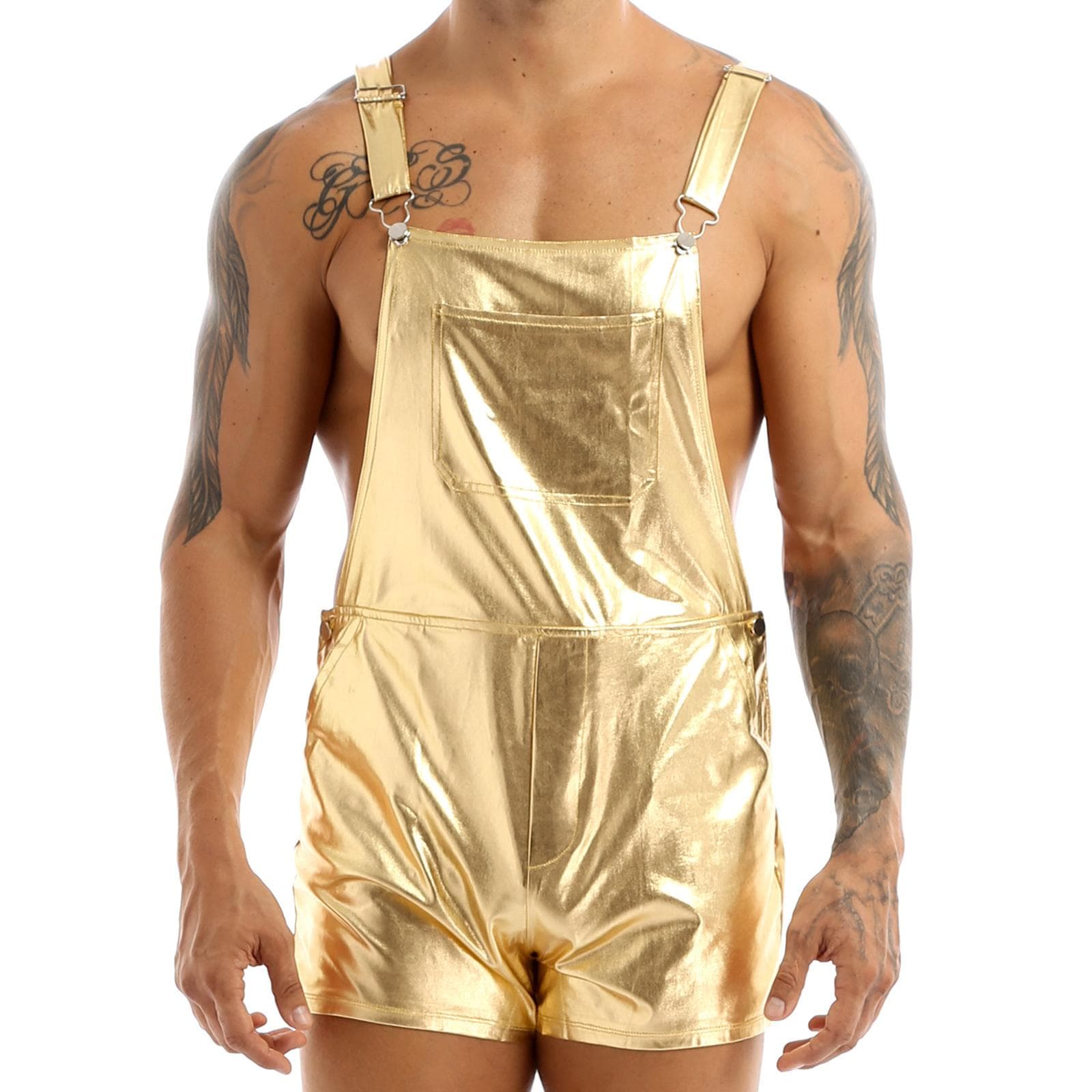Mens Adult Shiny Metallic Adjustable Shoulder Straps Bib Overall Suspender Shorts Jumpsuit L gold