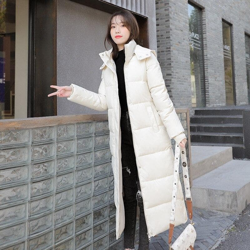 Women X-Long Winter Down Jacket With Detachable Hood Side Split Windproof Warm Oversize Cotton Padded Parkas L beige